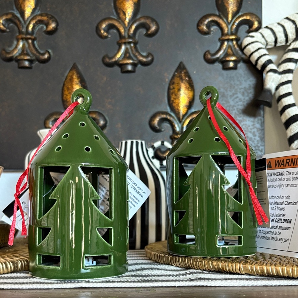 🆕2 Glazed Ceramic Pine Tree Cutout Lanterns - Picture 2 of 5